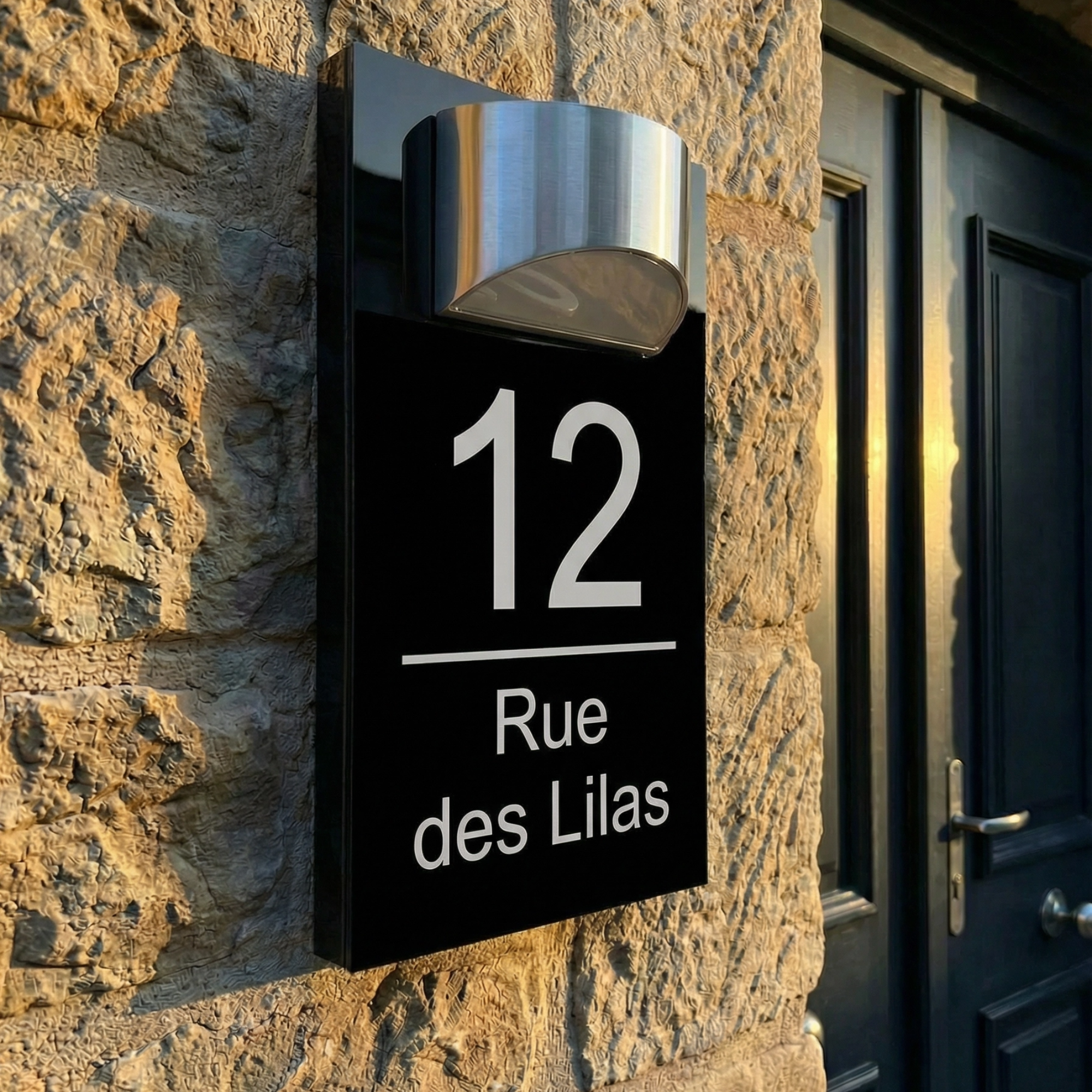 Plaque d’entrée solaire personnalisable noire avec écriture argentée – Lumineuse et résistante extérieur