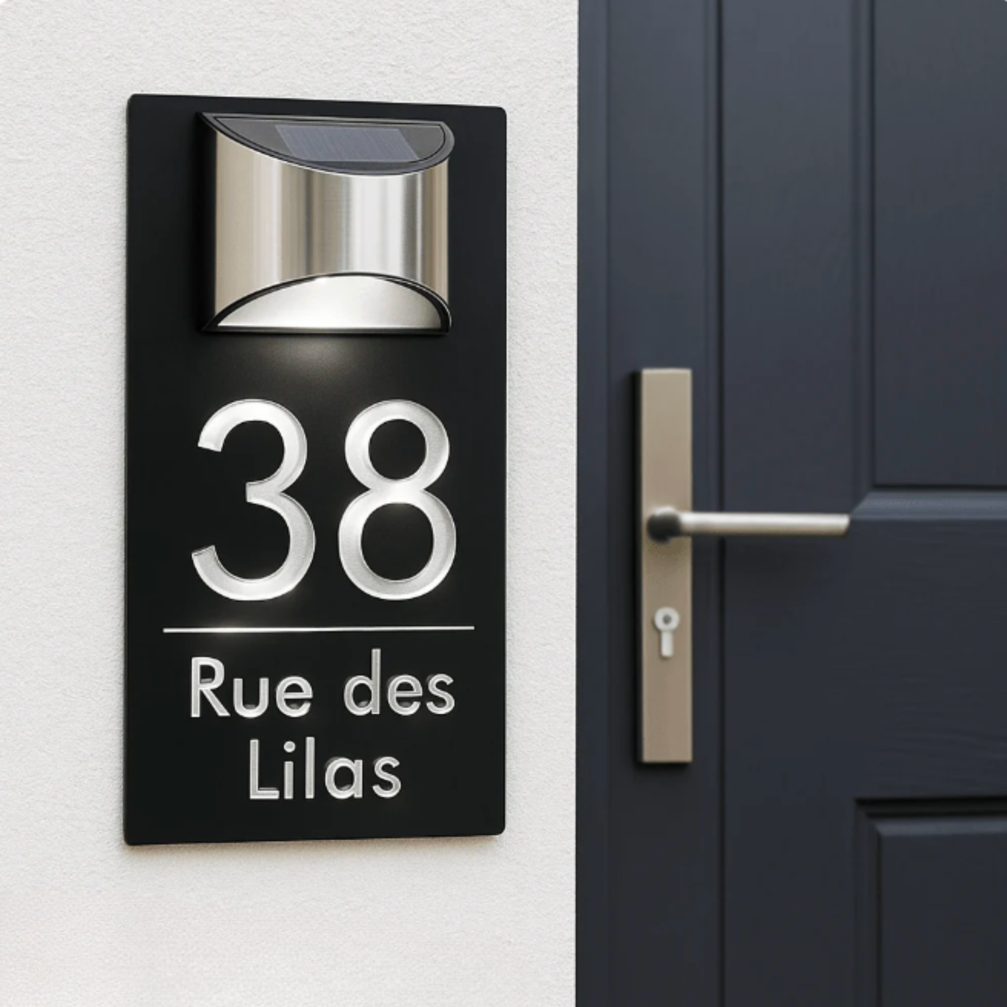 Plaque d’entrée solaire personnalisable noire avec écriture argentée – Lumineuse et résistante extérieur