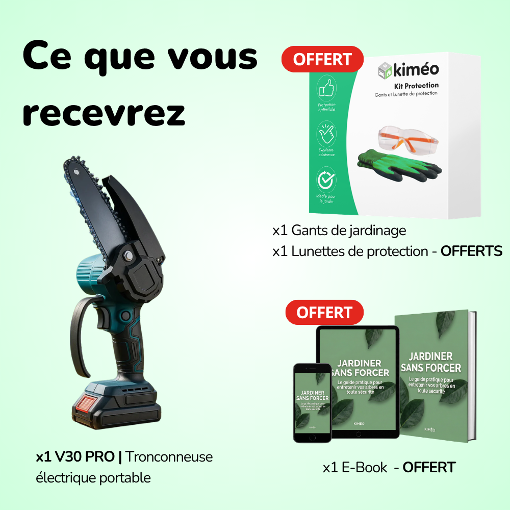 Contenu de la mallette : batterie, chargeur, deux chaînes, lunettes et clé