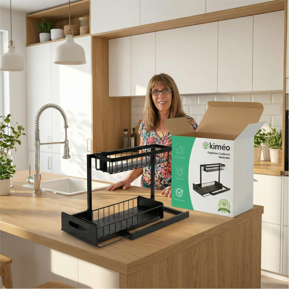 Organiseur Coulissant Modulable Sous Évier | Étagère de Rangement 2 Niveaux Cuisine Salle de Bain Grande Capacité