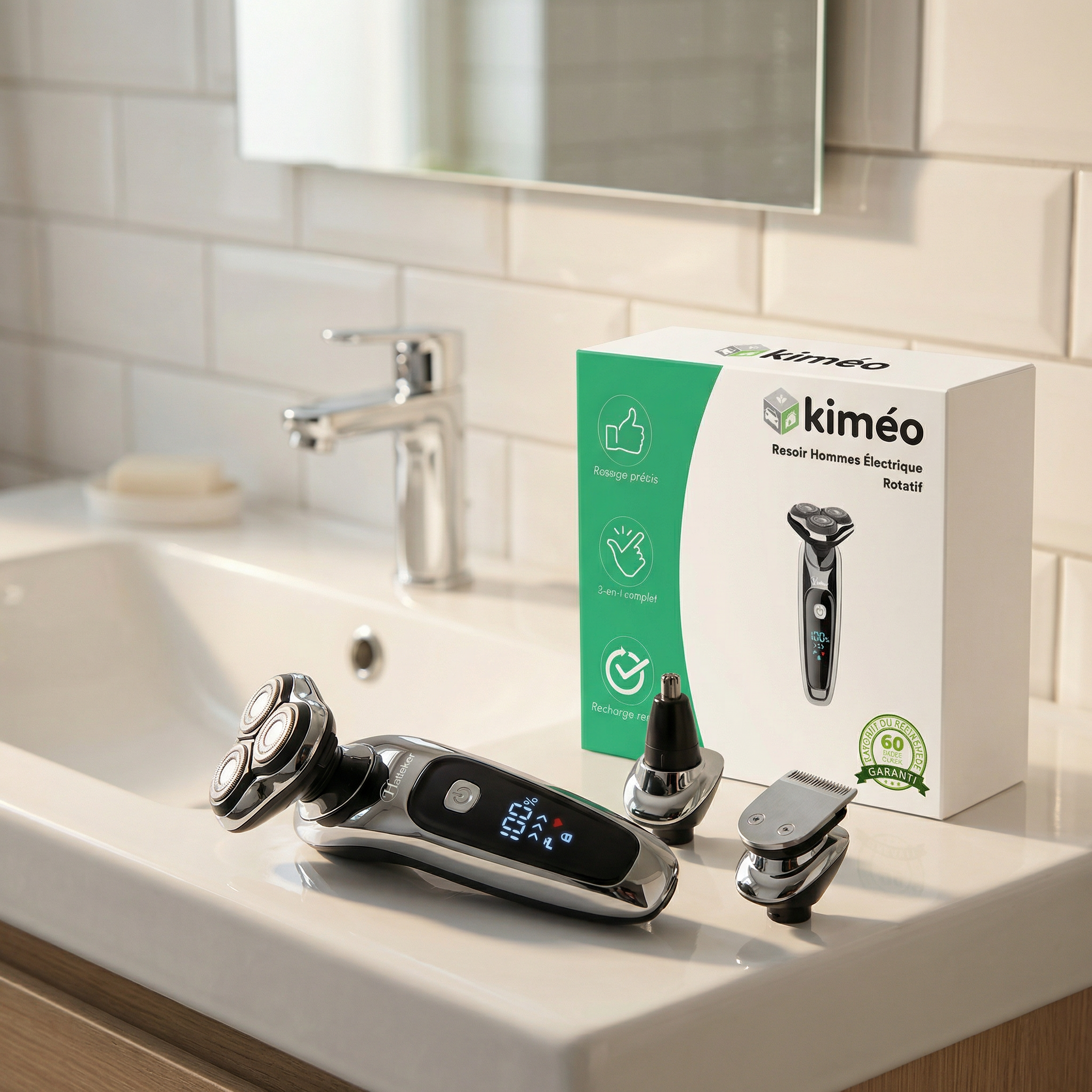 Rasoir Hommes Électrique Rotatif Professionnelle Rechargeable Étanche 3-en-1 Barbe Cheveux Tondeuse