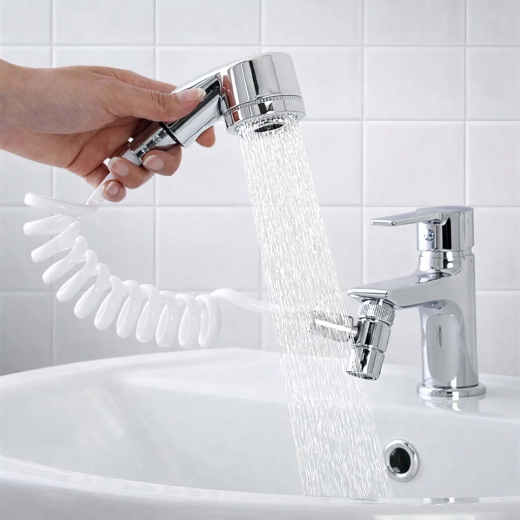 Douchette Universelle pour Lavabo | Fixation Adhésive Sans Perçage | Rallonge Robinet Flexible