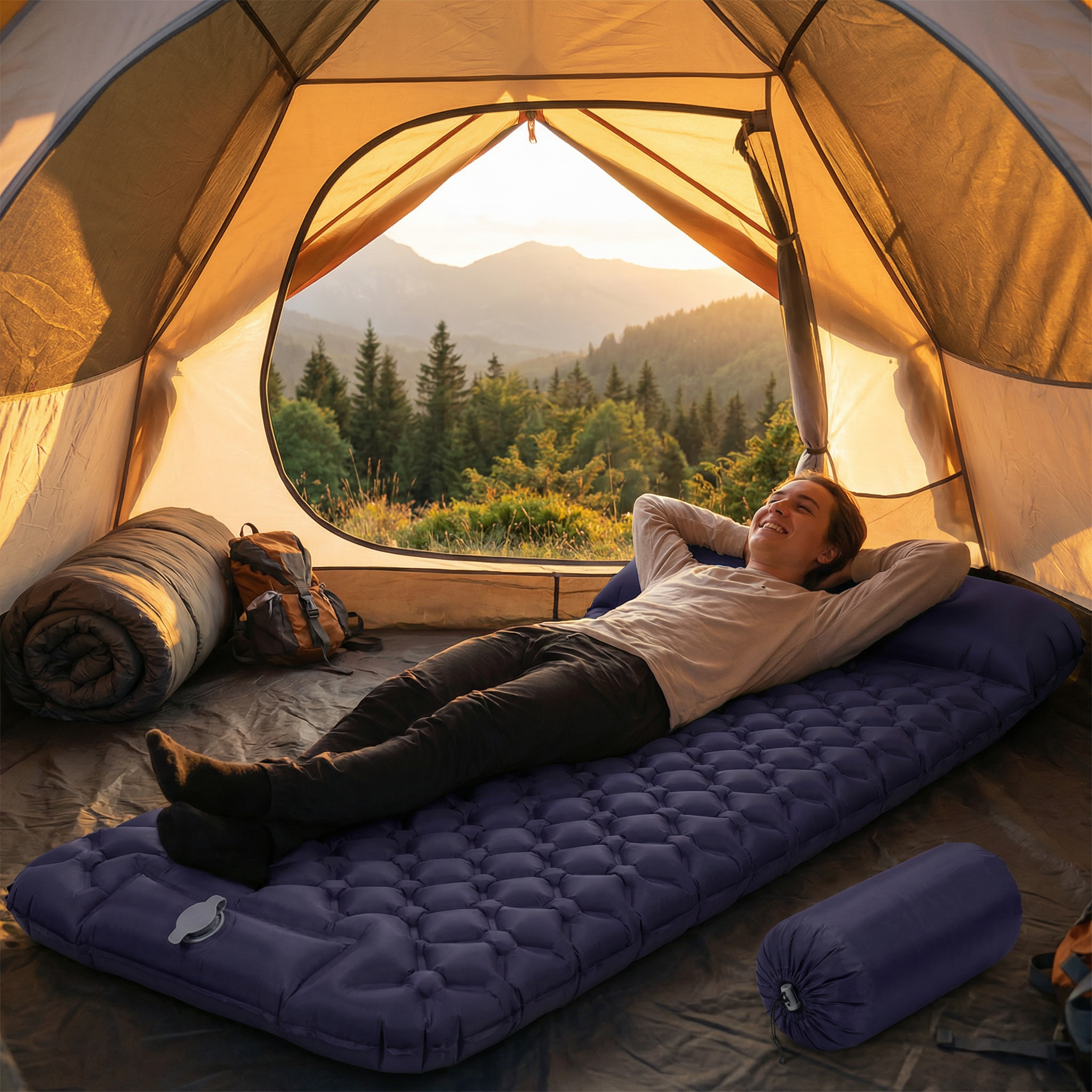 Matelas Gonflable Camping Ultra Léger avec Pompe Intégrée | Bivouac, Randonnée, Compact et Confortable