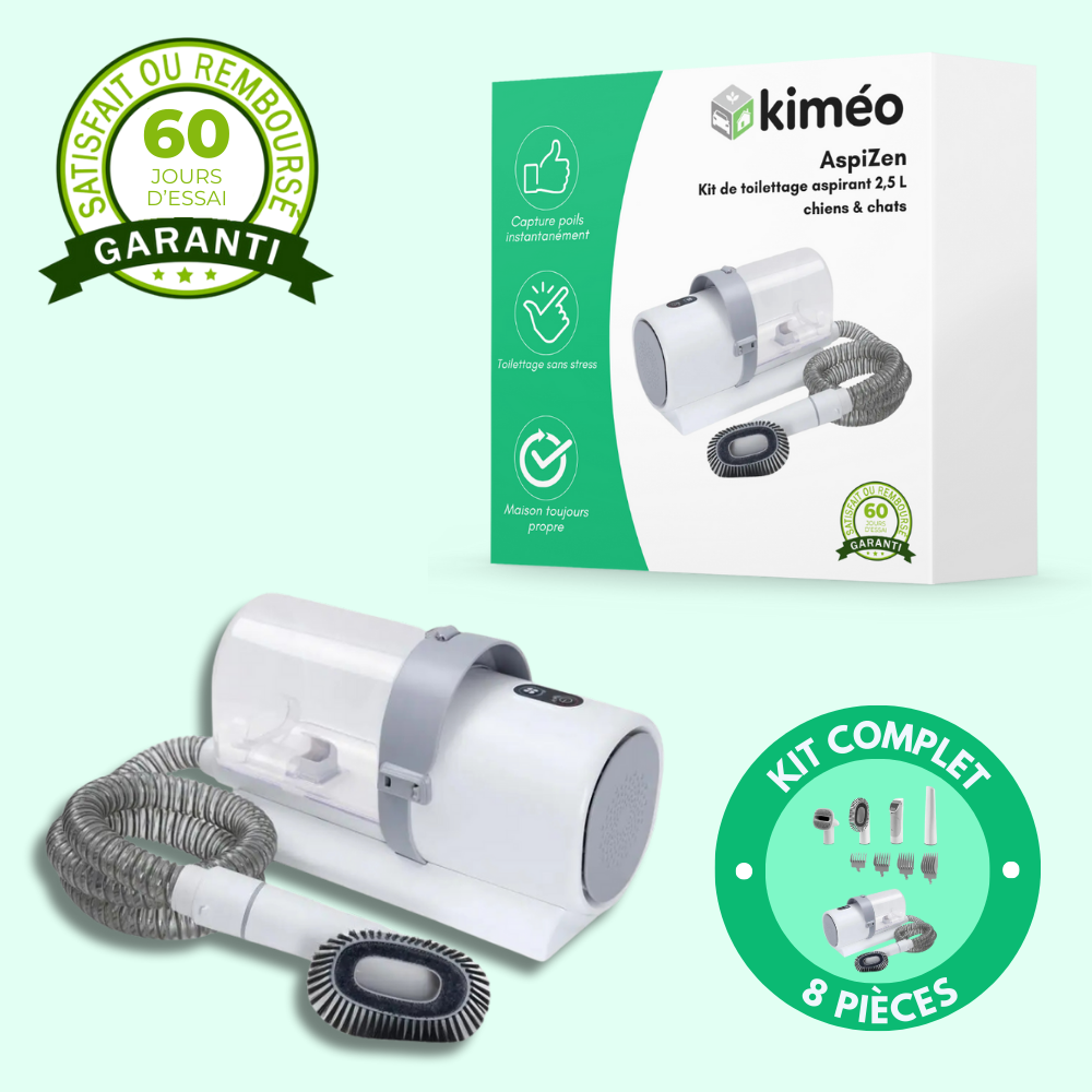 Kit de toilettage aspirant AspiZen 2,5L pour chien et chat – Brosse avec aspiration intégrée