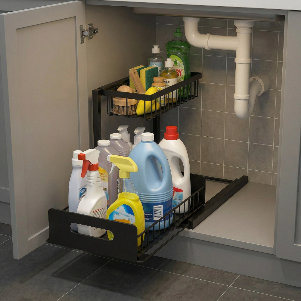 Organiseur Coulissant Modulable Sous Évier | Étagère de Rangement 2 Niveaux Cuisine Salle de Bain Grande Capacité