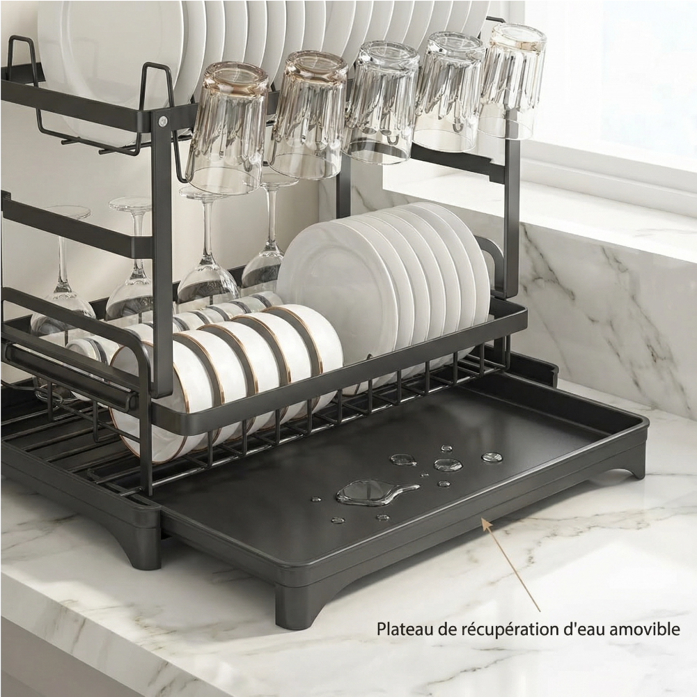 Optimax | Égouttoir Vaisselle Double Étage Grande Capacité avec Bac d’Égouttage et Support Ustensiles
