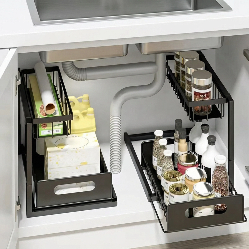 Organiseur Coulissant Modulable Sous Évier | Étagère de Rangement 2 Niveaux Cuisine Salle de Bain Grande Capacité
