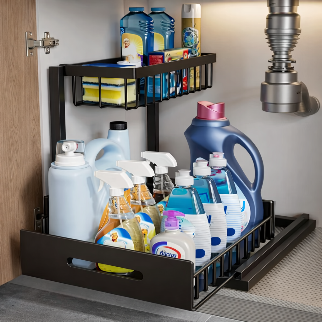 Organiseur Coulissant Modulable Sous Évier | Étagère de Rangement 2 Niveaux Cuisine Salle de Bain Grande Capacité
