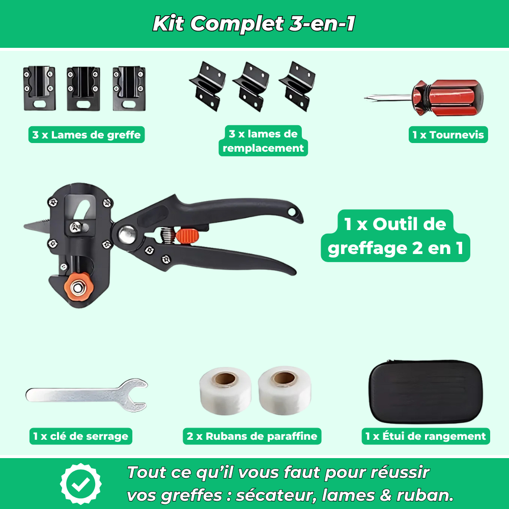 Kit d'Outils de Greffage 3 en 1 – Sécateur, Lames et Ruban pour Greffage Précis et Efficace