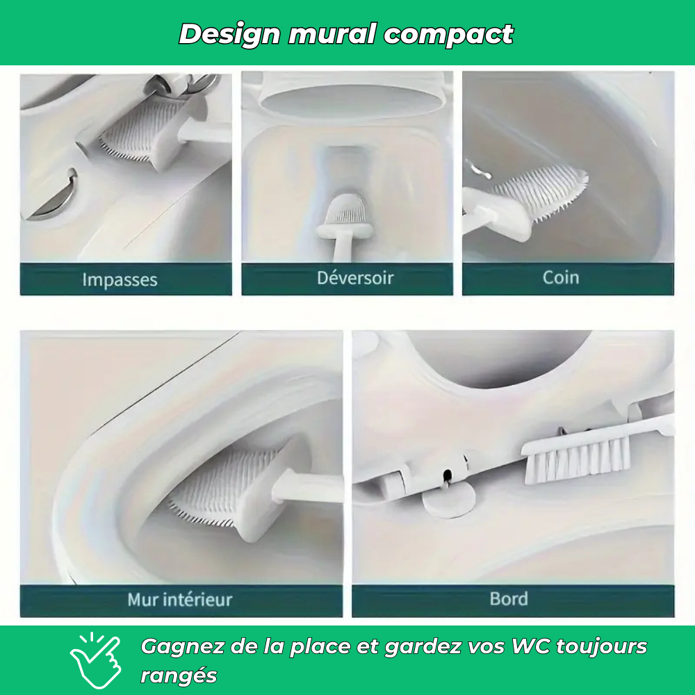 Clean'WC | Brosse WC souple en silicone | 2 brosses intégrées | Support mural