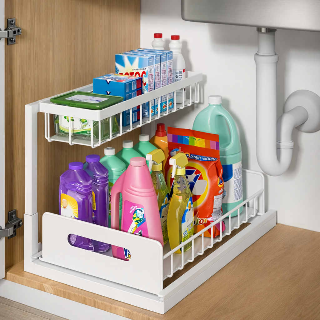 Organiseur Coulissant Modulable Sous Évier | Étagère de Rangement 2 Niveaux Cuisine Salle de Bain Grande Capacité