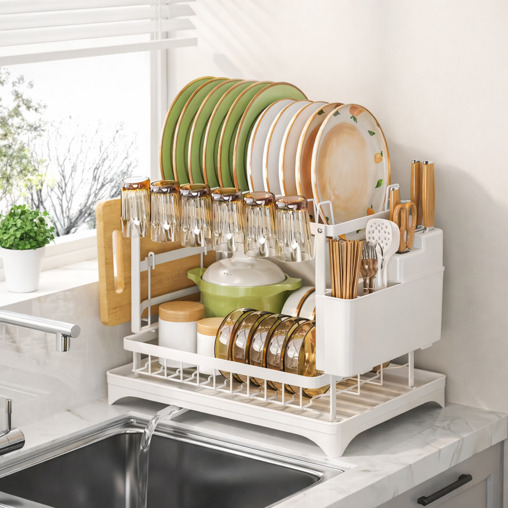 Optimax | Égouttoir Vaisselle Double Étage Grande Capacité avec Bac d’Égouttage et Support Ustensiles