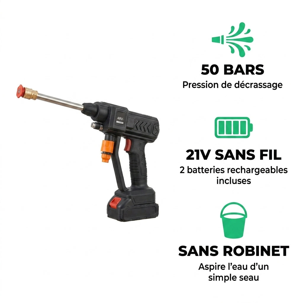 CarJet™ PRO | Nettoyeur Haute Pression Électrique 21V Sans Fil | 50 Bars Portable avec Batterie