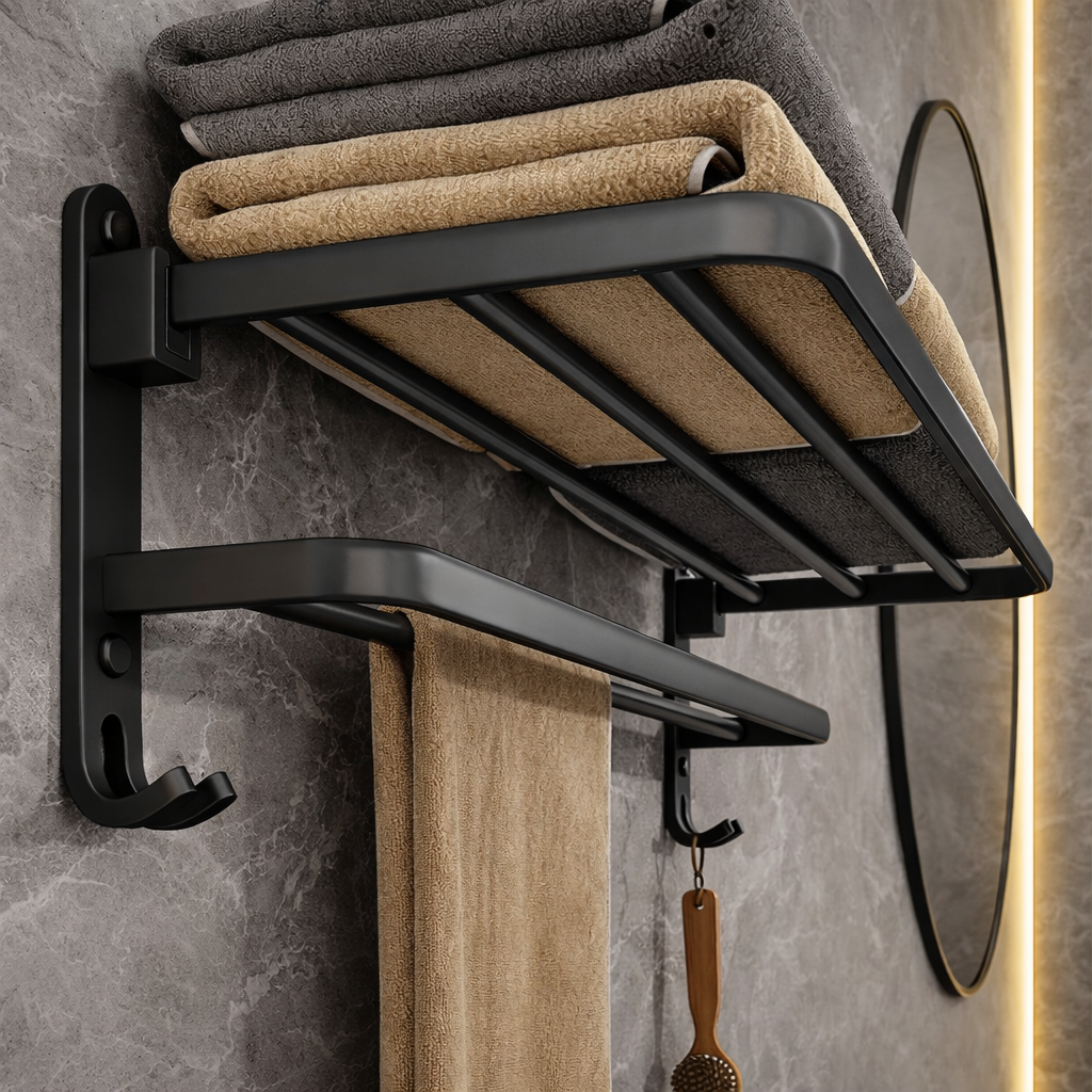 Porte-serviettes mural pliable en aluminium noir mat 50 cm