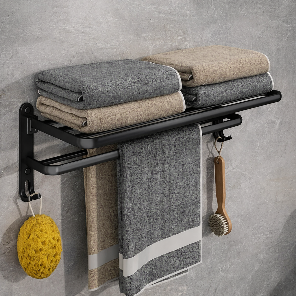 Porte-serviettes mural pliable en aluminium noir mat 50 cm