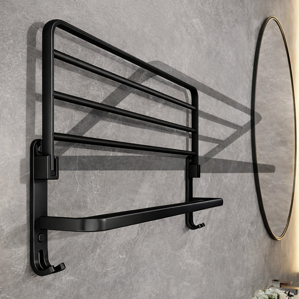 Porte-serviettes mural pliable en aluminium noir mat 50 cm
