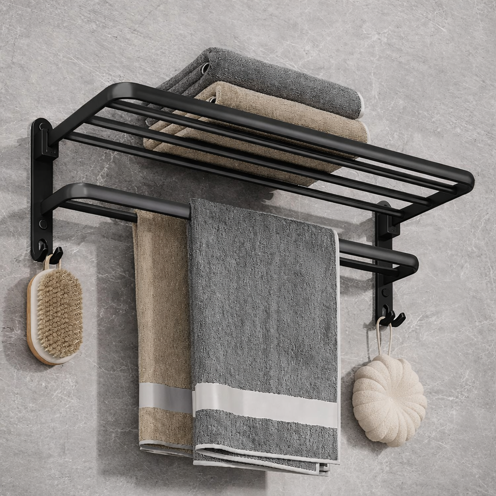 Porte-serviettes mural pliable en aluminium noir mat 50 cm