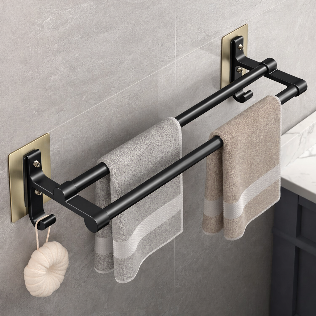 Support serviette mural double barre adhésif en acier inoxydable
