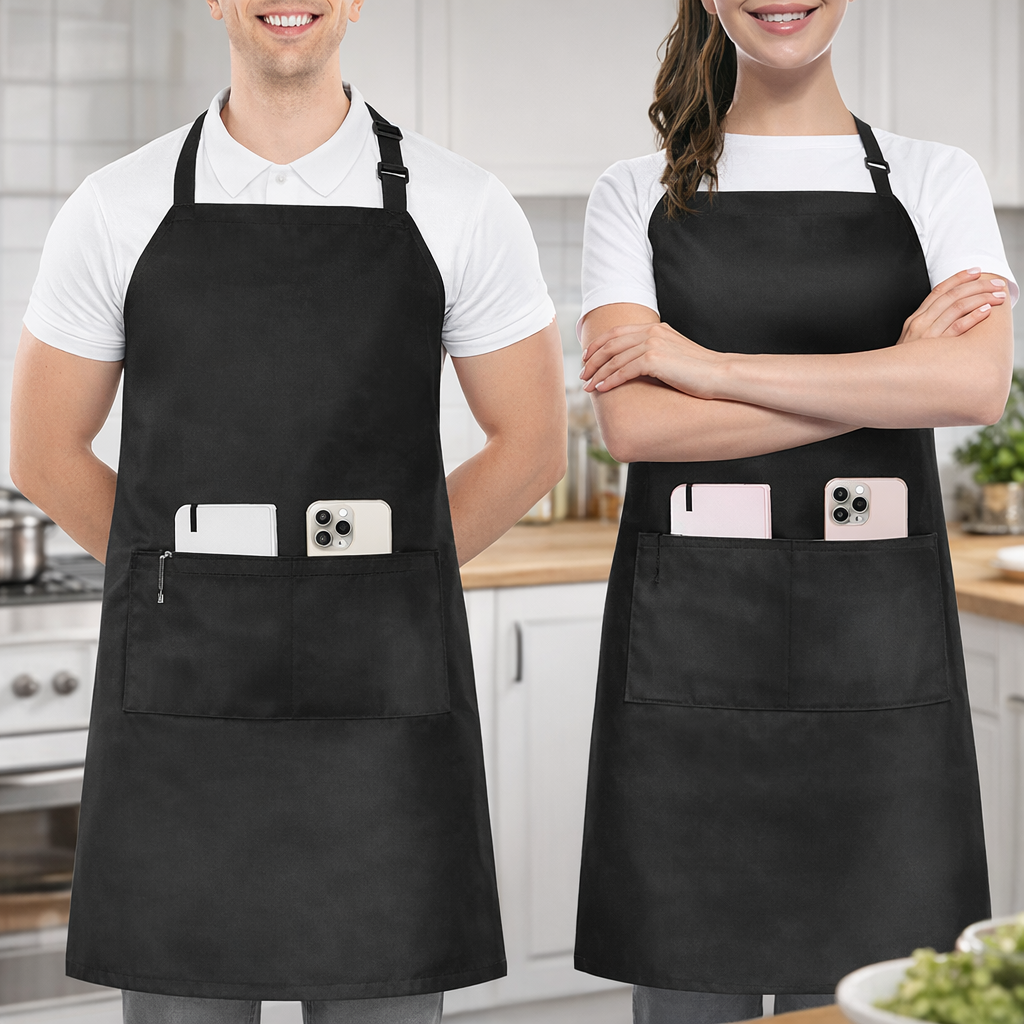 Tablier de Cuisine Unisexe Noir avec 2 Poches et Bretelles Réglables – Usage Professionnel