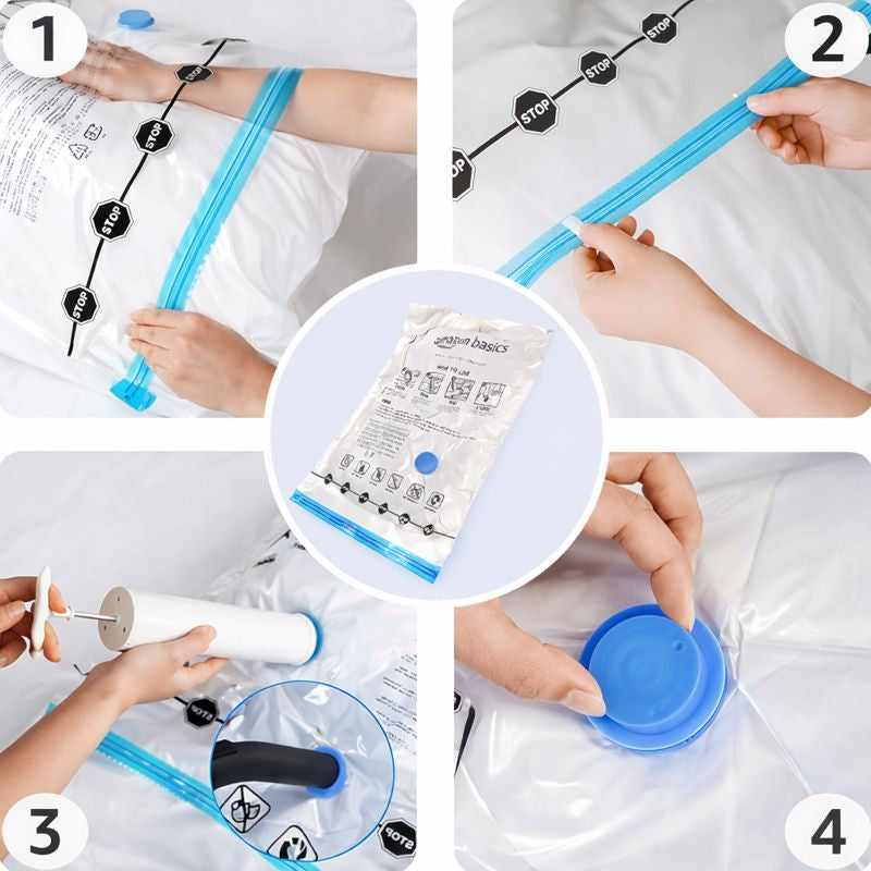 Sac de rangement sous vide avec pompe, fermeture éclair – Lot de 4