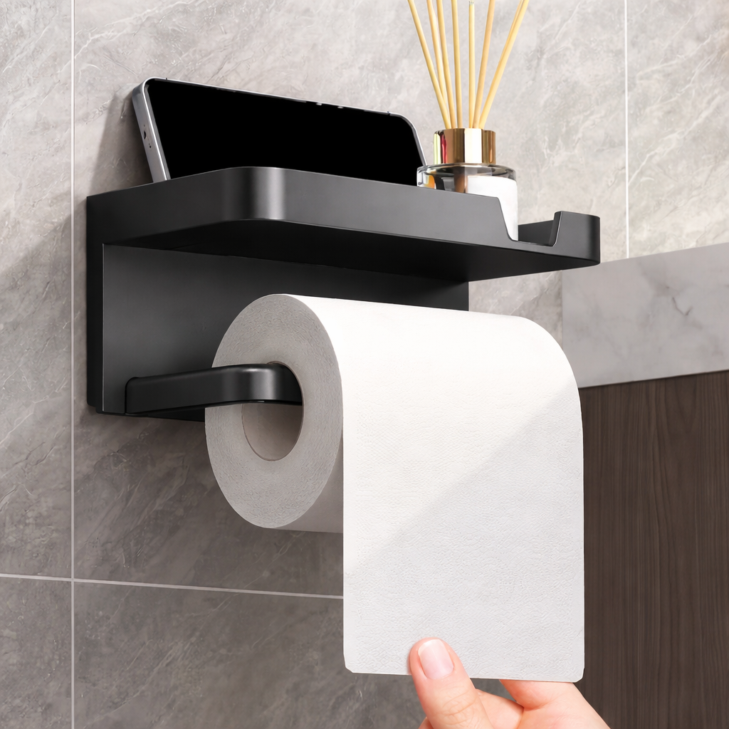 Porte-Papier Toilette Autocollant avec Étagère de Rangement – Mural Sans Perçage