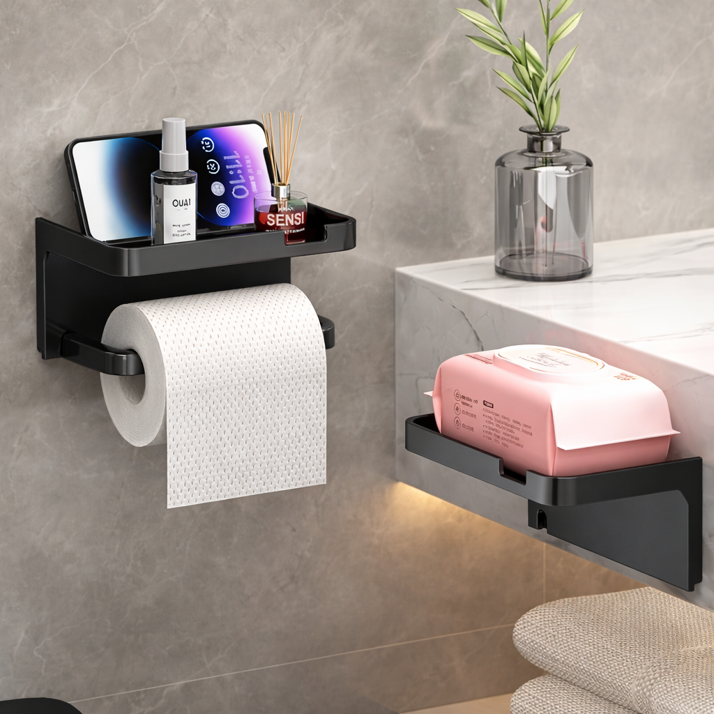 Porte-Papier Toilette Autocollant avec Étagère de Rangement – Mural Sans Perçage