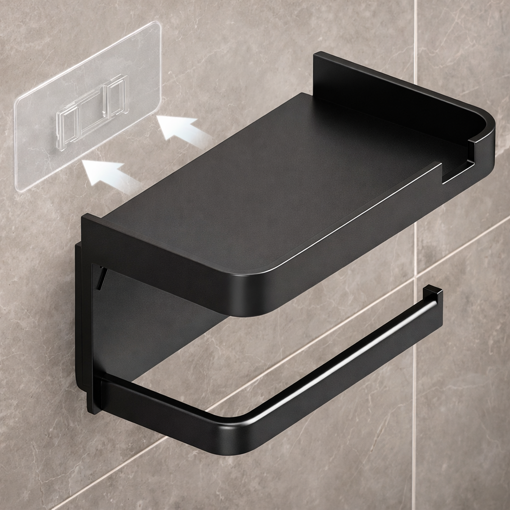 Porte-Papier Toilette Autocollant avec Étagère de Rangement – Mural Sans Perçage