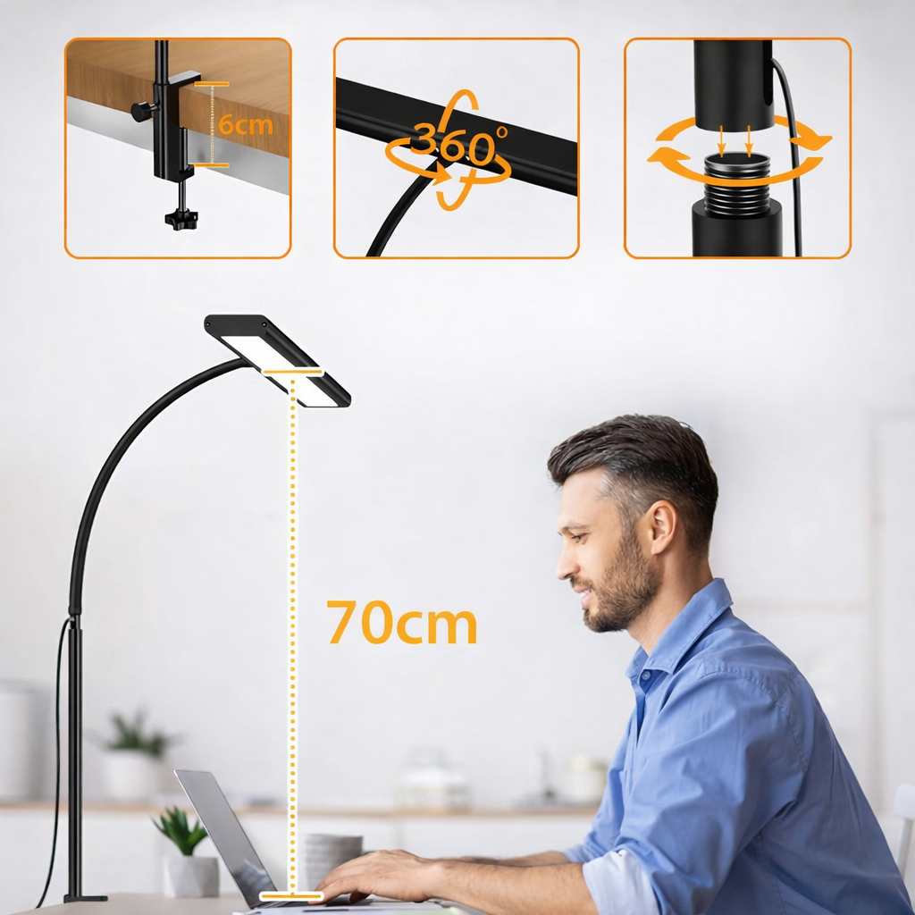 Lampe de Bureau LED à Pince Double Tête – 5 Modes de Couleur, 5 Niveaux de Luminosité