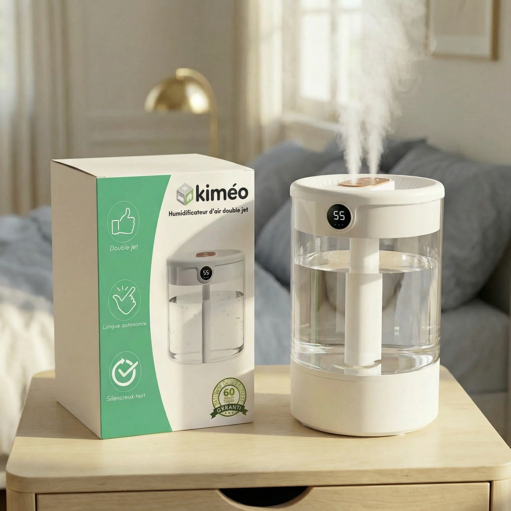 Humidificateur d’air double jet silencieux 2L humidificateur de chambre avec écran LED USB