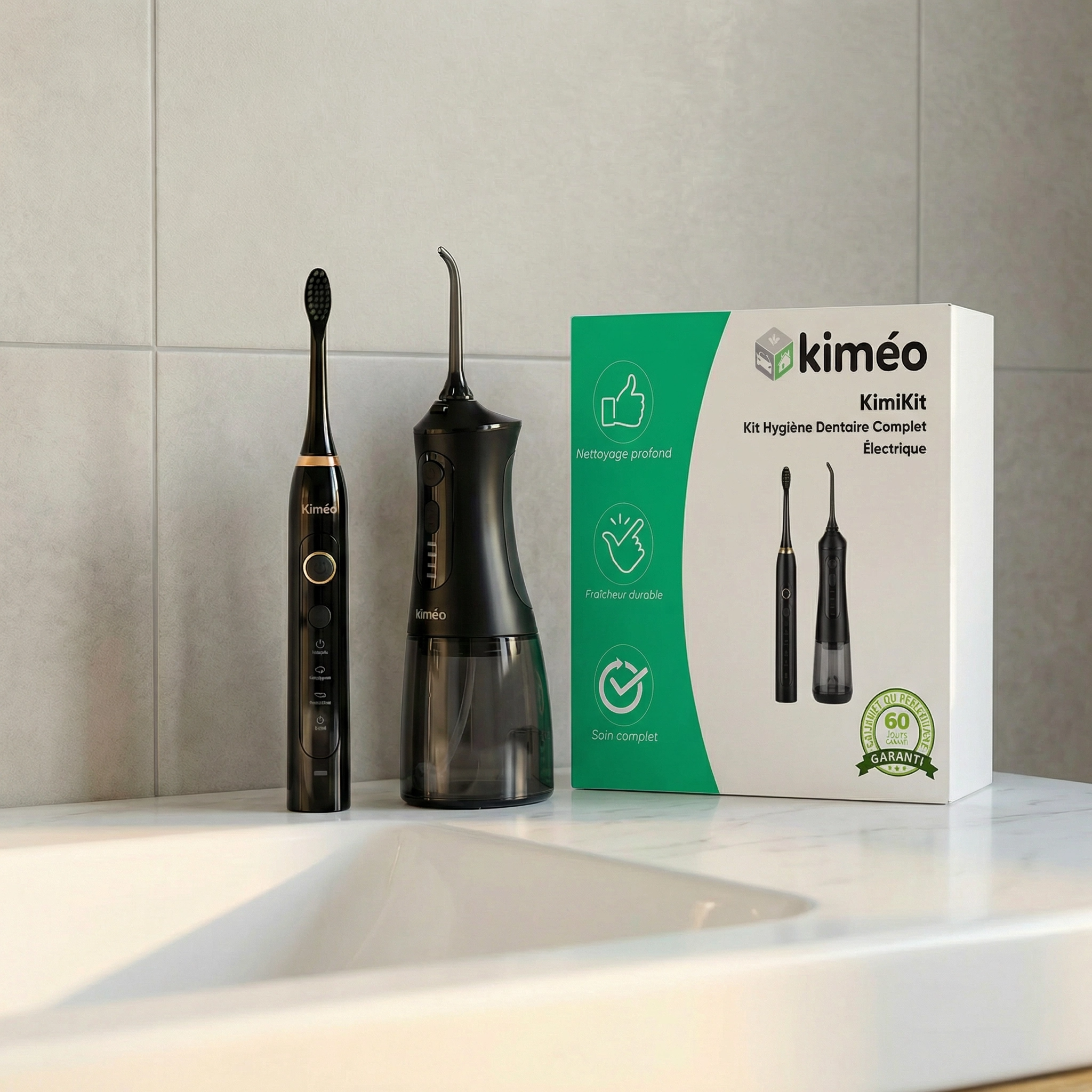 KimiKit | Kit Hygiène Dentaire Complet Électrique | Brosse à Dents Électrique & Jet Dentaire Rechargeable IPX7